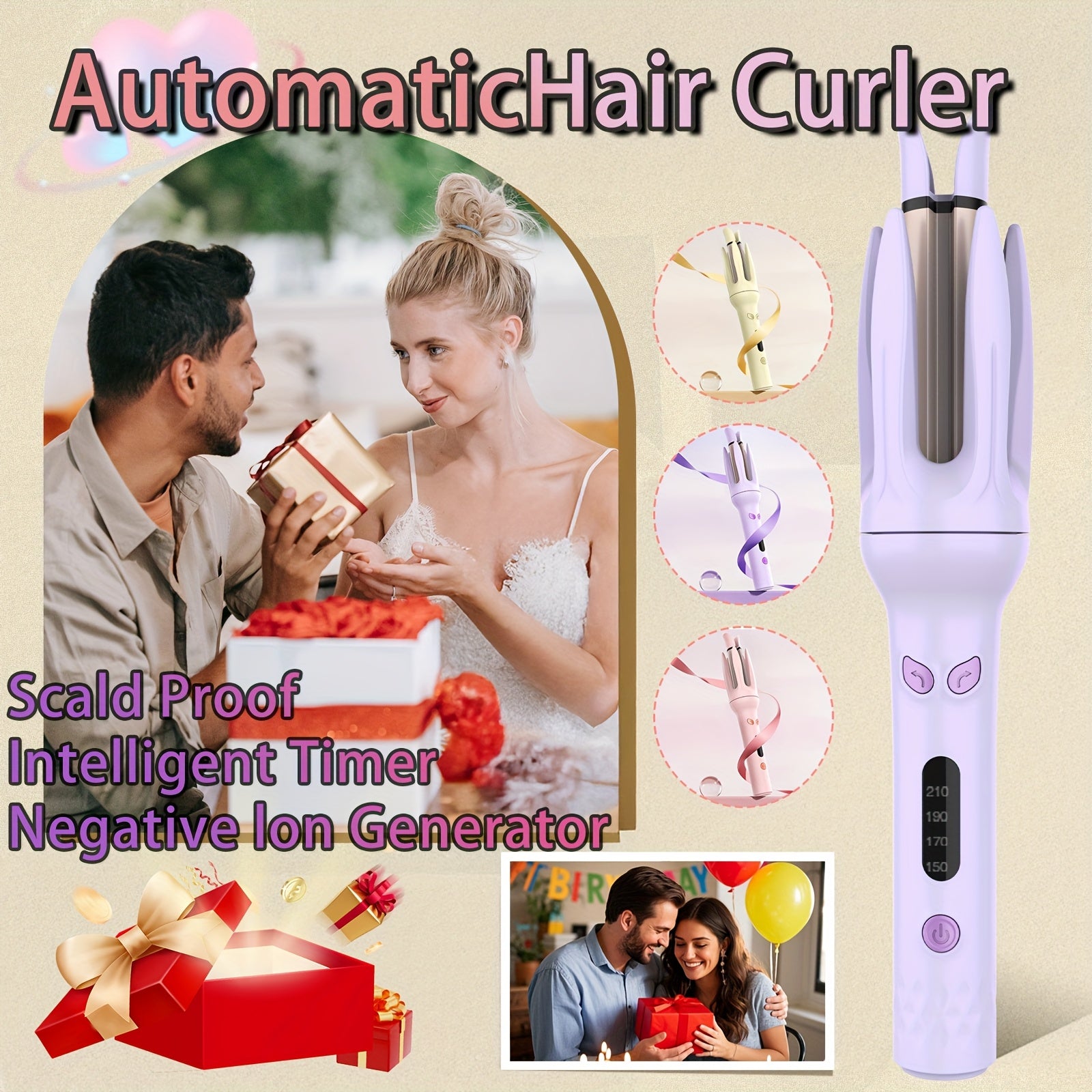 GENAI 28mm Large Barrel Automatic Hair Curler with 4 Temperature Modes, Negative Ion Generator, Timer & Auto Shut-Off, Stylish Purple & Golden Design for Easy Use by Women.