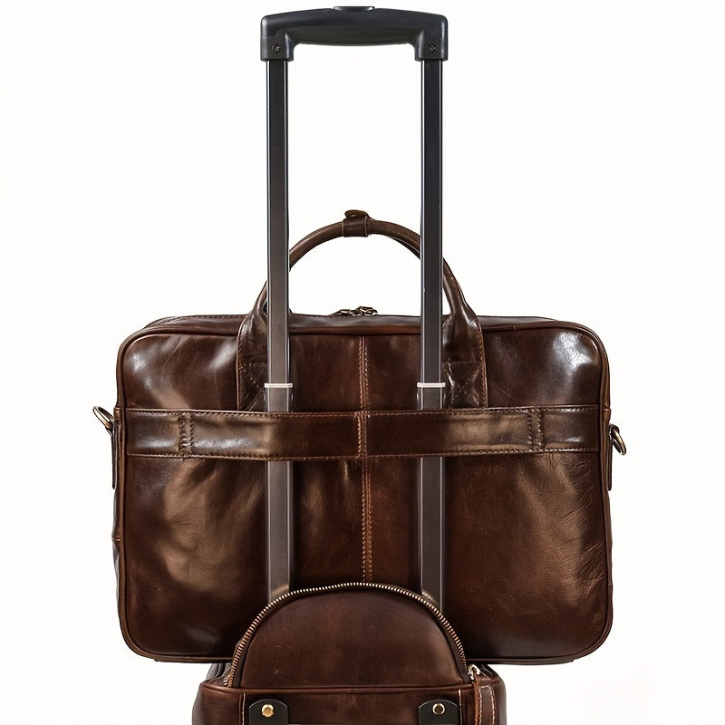 Men's genuine leather briefcase with laptop compartment, adjustable shoulder strap, zipper closure, and polyester lining for office and daily commute.