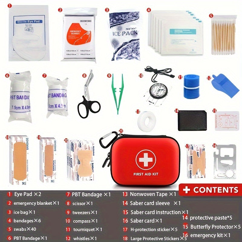 80pcs EVA First Aid Kit for Emergencies in Red - Includes Scissors, Tweezers, Bandages, Gloves, Whistle - Ideal for Travel, Outdoor Activities, Home, Office, Camping, Hiking, and Vehicles