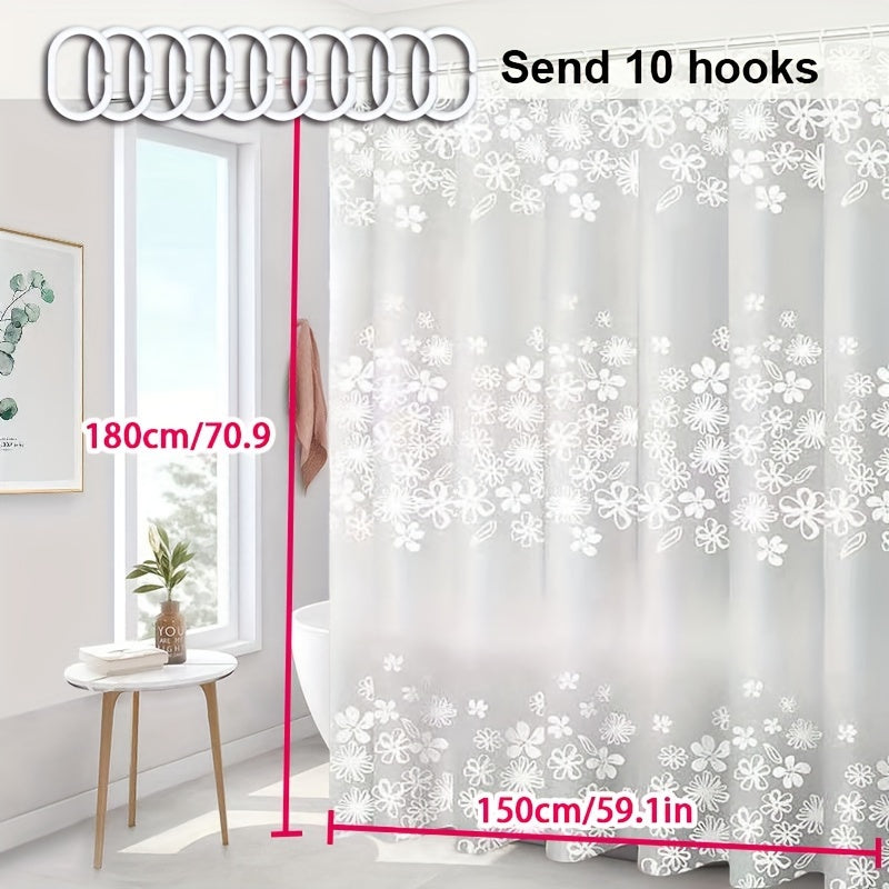 Floral patterned semi-transparent shower curtain with hooks. Waterproof and versatile, suitable for bathroom, wardrobe, or window. Available in multiple sizes.