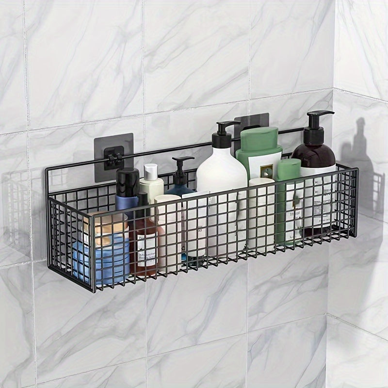 Simple-install shower caddy with cast iron mesh drain rack for bathroom organization and wall-mounted hanging shelf.