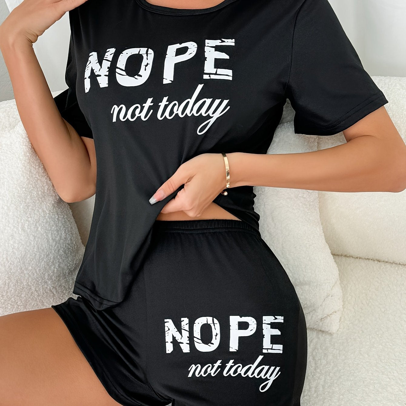 Women's casual pajama set with "NOPE not today" print, including short sleeve t-shirt and shorts. Comfortable loungewear for sleeping or lounging.