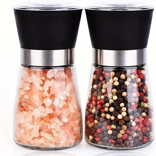 Set of 2 Reusable Glass Pepper and Sea Salt Grinders - Manual Spice Crushers for BBQ, Picnics, Camping, Kitchen Gadgets, and Back to School Supplies Kitchen Accessories