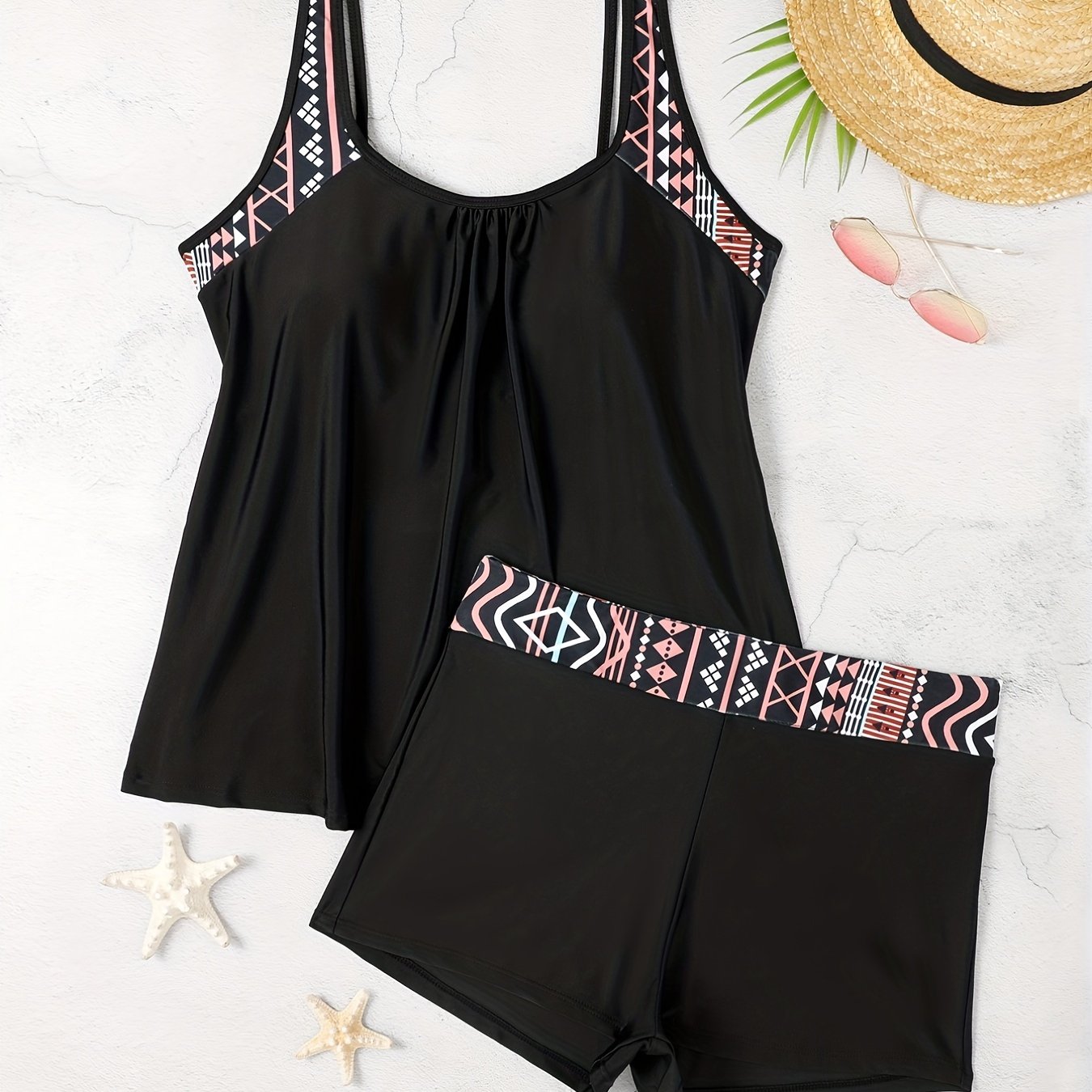 Plus size tankini set, featuring geometric panel tank top and shorts beachwear.