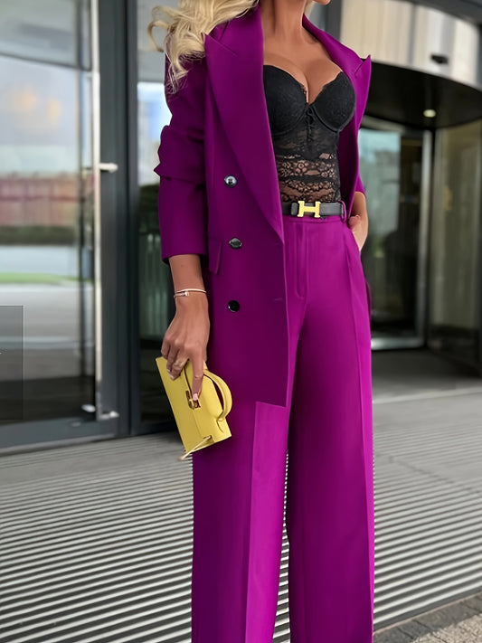 Women's casual double-breasted blazer and straight-leg trousers suit set in solid color polyester with lapel collar and button details, perfect for a spring/fall woven pantsuit.