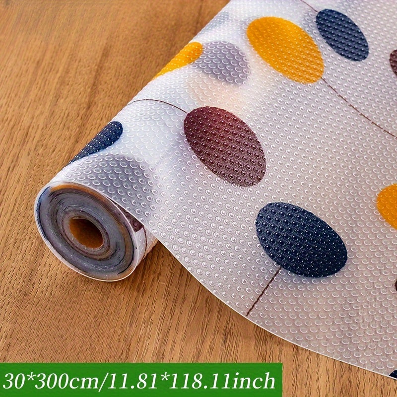 Vinyl kitchen cabinet liner with EVA material and patterned print, ideal for moisture-proof, dust-proof, non-slip shelf and drawer protection. Perfect for kitchen storage supplies and fridge table pads.