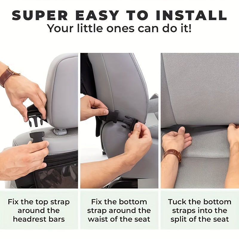 Storage solution for your car seat, complete with back storage and toy hanging capabilities, as well as an anti-kick pad.