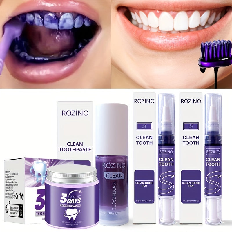 Набор из 4 предметов Purple teeth включает в себя порошок для зубной пасты, карандаш для осветления, лечения неприятного запаха изо рта, освежения дыхания и защиты десен.