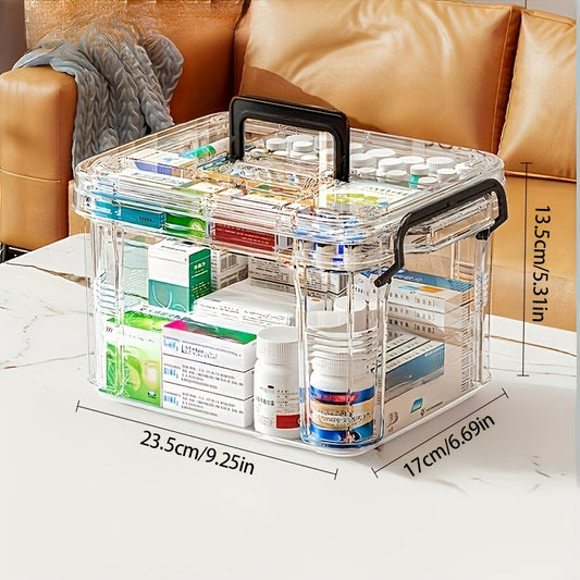 Large double-layer medicine organizer with transparent, waterproof storage for home and travel.