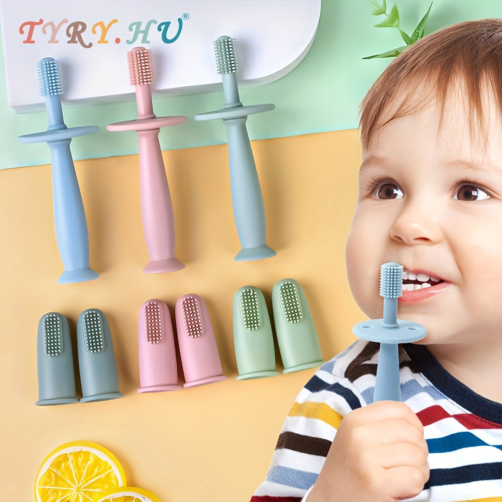 Get 2 Finger Toothbrushes and 1 360° Baby Toothbrush with Suction, offering multiple tooth cleaning options for babies. Made with BPA-free silicone, these brushes are gentle on babies' teeth and provide oral health care for infants. Protect your baby's