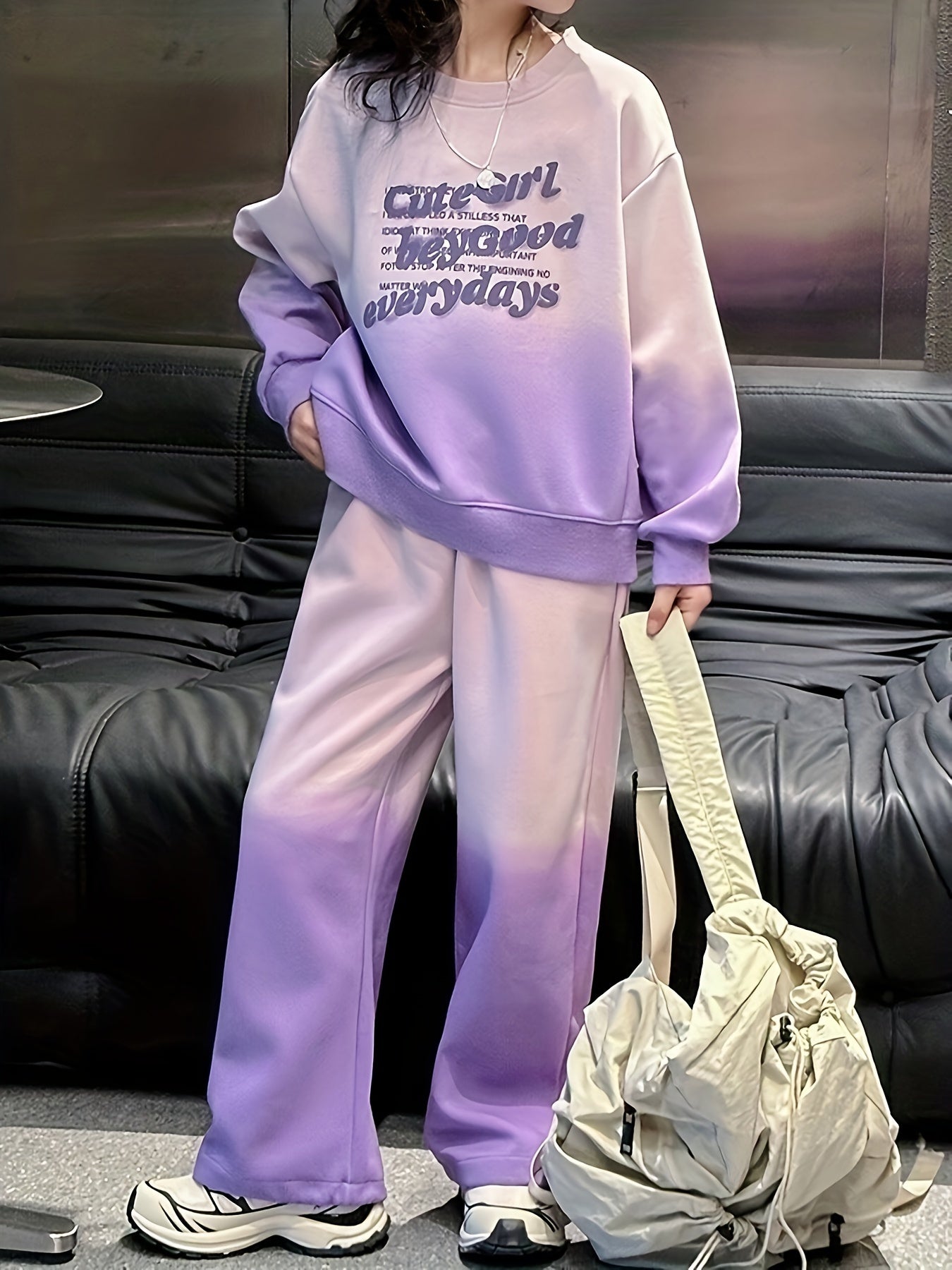 Medium and large girls' suit for spring and autumn, featuring a gradient dyeing letter print hoodie and wide leg pants set. Ideal for outdoor activities.