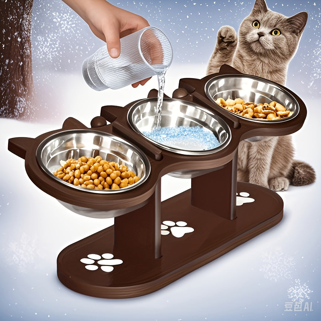 3-Tier Elevated Cat Feeder with Adjustable Angle, Stainless Steel Bowls, Easy Assembly and Detachable for Cleaning, Ideal for Multiple Cats.