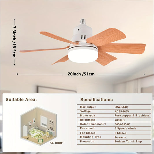 Wood Grain LED Ceiling Fan Light with Remote Control, 5 wooden blades, suitable for multiple rooms, cool & warm light modes, easy installation.