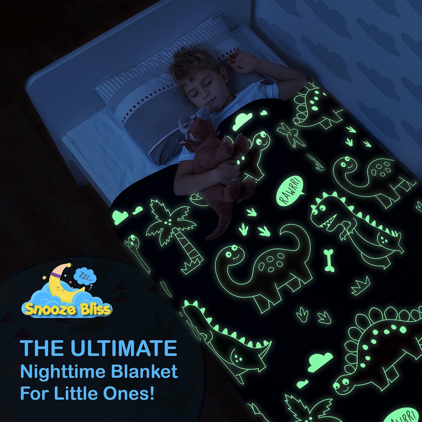 Soft Glow-in-the-Dark Dinosaur Blanket for Kids - Features Cute Cartoon Dinos and Palm Trees - Cozy, Lightweight, and Hypoallergenic - Perfect Gift for All Ages - Available in 3 Sizes