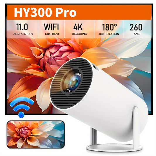 HY300PRO Mini Portable Projector with 11.0 Android Smart, 4K 1080P HD, 180° Rotation, Dual Band Wi-Fi6, 3000+ Lumen LCD, Table Mount, European Standard Plug, Internet-Ready for Home Theater