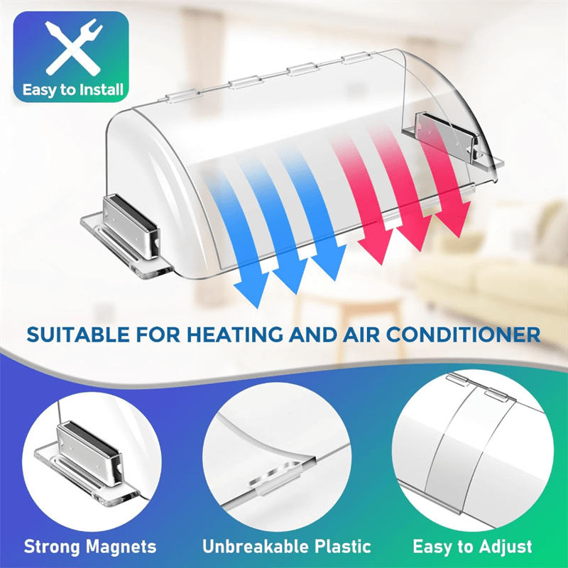 Description:

Experience improved airflow with our 2-piece Adjustable Magnetic Vent Deflector. Equipped with strong magnets and an anti-drip design, this vent deflector is ideal for both hot and cold air vents. Perfect for use on AC units, walls, and