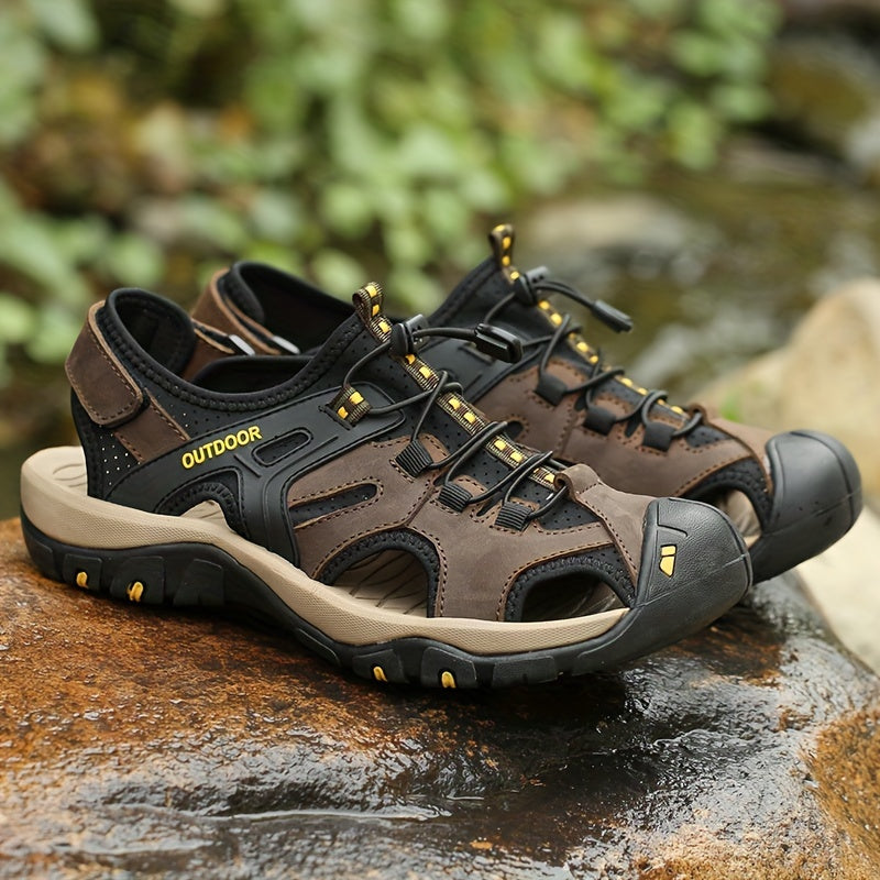 Breathable hiking shoes for men with non-slip rubber sole, durable fabric upper, and elastic band closure for outdoor activities.