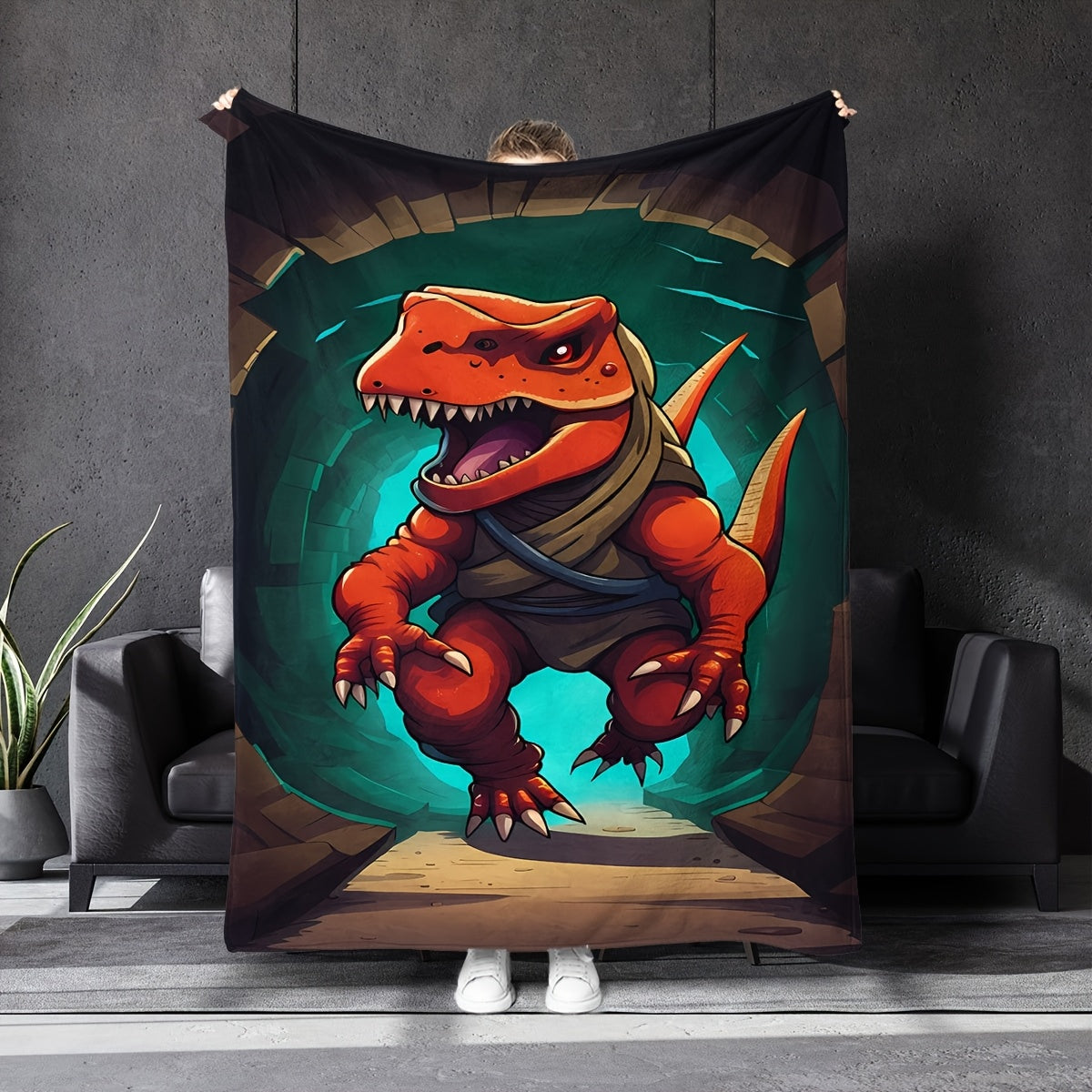 Stay cozy with the DinoDawn Cartoon Adventure Dinosaur Print Knitted Polyester Throw Blanket. This contemporary style blanket is perfect for all seasons, featuring a digital print design and soft, warm comfort. With a fabric weight of 200-250g, this