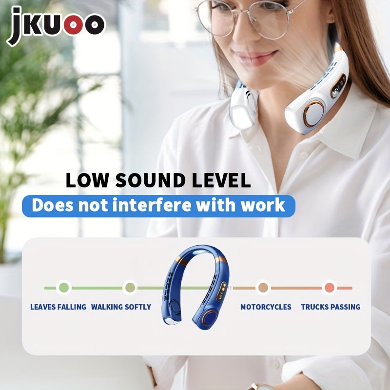 Stay cool and comfortable on-the-go with the 1pc JKUOO Portable Neck Fan. This innovative device features a 5-speed adjustable display, USB rechargeable lithium battery, and quiet operation. Perfect for use during sports, travel, and summer activities