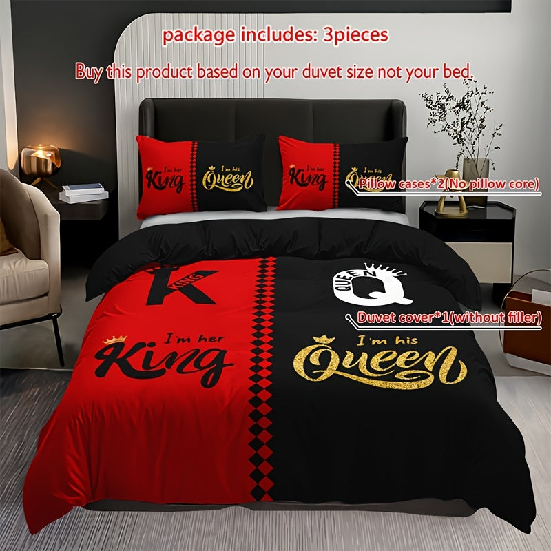 Black and grey duvet cover set featuring crown lettering design, including 1 duvet cover and 2 pillowcases. High definition printing for home and dorm decor, comforter not included.