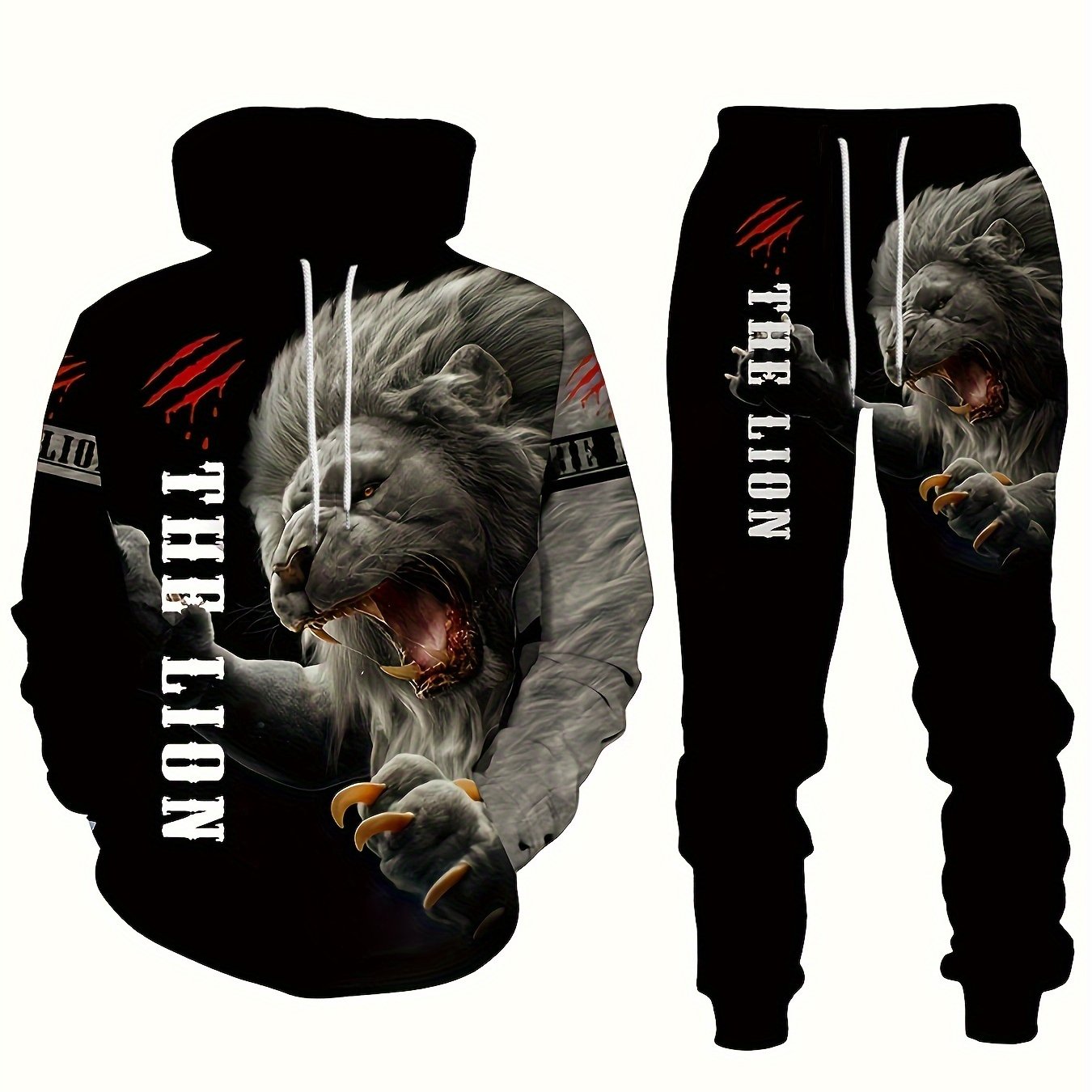 Men's plus size lion print 3D hooded sweatshirt and sweatpants set for autumn/winter.