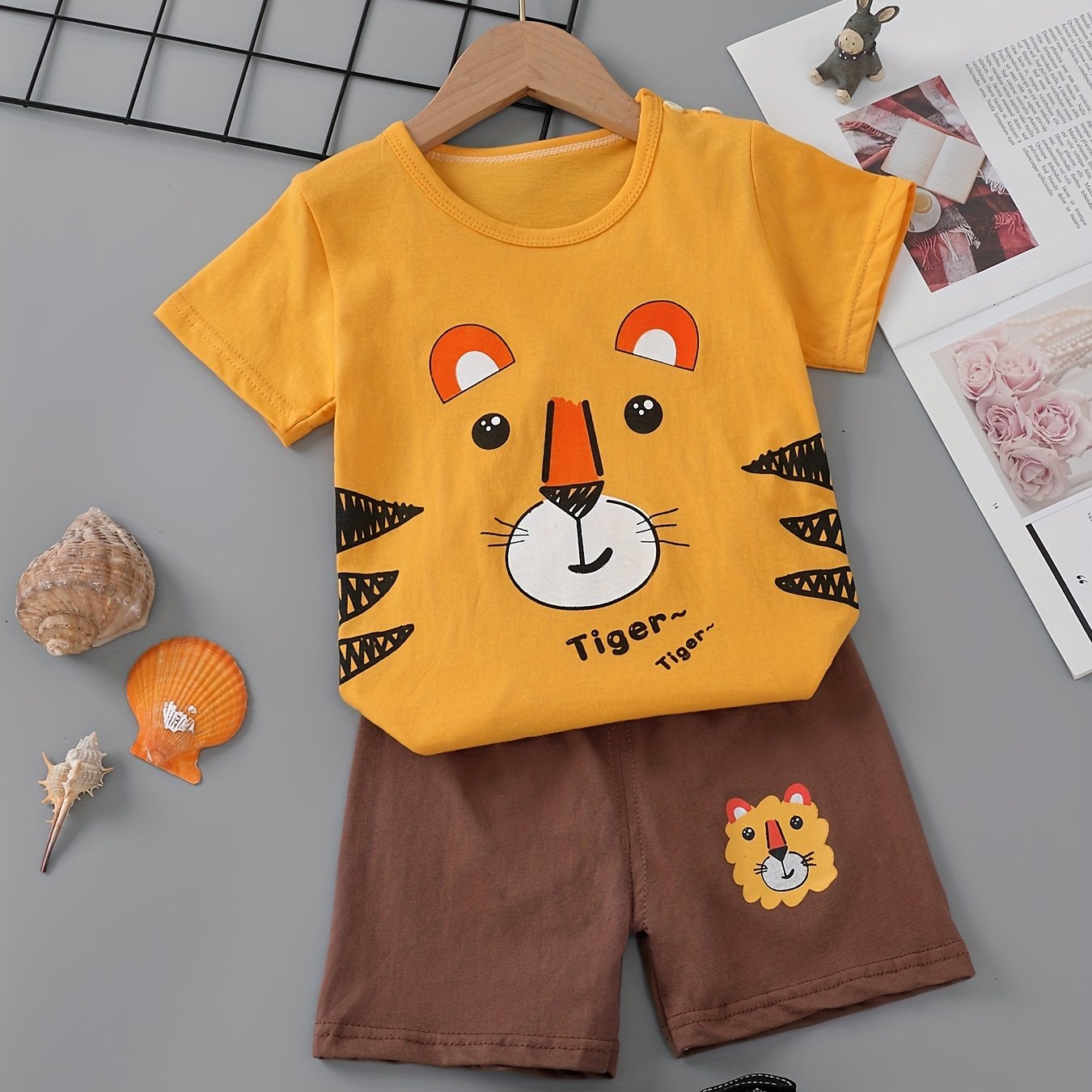 Boys' soft cotton tiger print tee and shorts set, machine washable, perfect for summer outdoor and indoor wear.