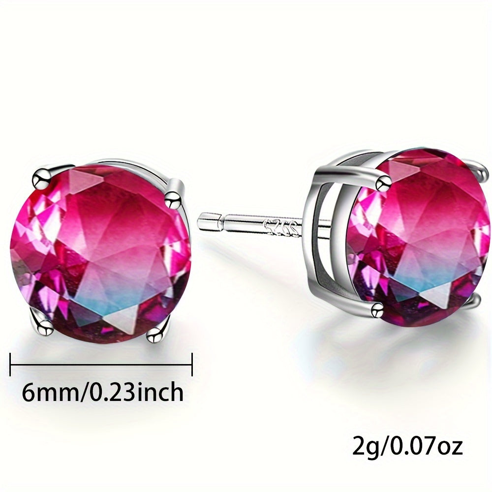 Elegant Sterling Silver Tourmaline Earrings, Round 925 Earrings with Multi-colored Gemstones, Hypoallergenic, Perfect for Women and Teens, 6-8 mm diameter