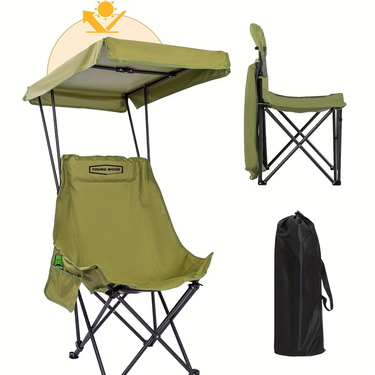 Portable folding camping chair with adjustable sun shade canopy, side pockets, 50+UPF sun protection, durable 600D Oxford fabric. Supports up to 149.69 KG, ideal for beach, camping, outdoor