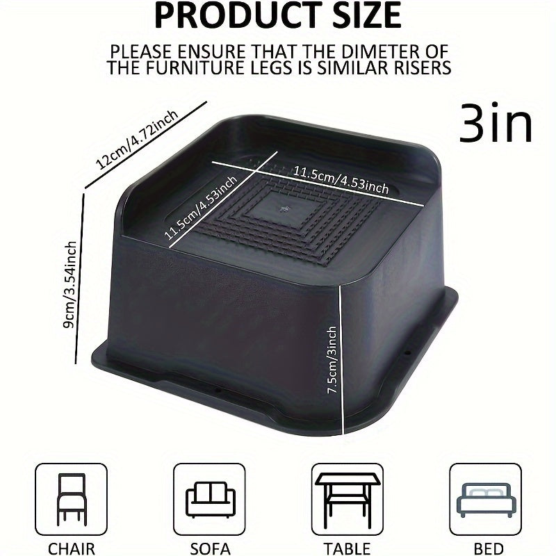 The set includes 4 rectangle adjustable risers blocks for bed, sofa, desk, table, and chair legs. The fridge can be lifted to various heights of 2, 3, 4, 6, and 20.32 cm. These heavy-duty supports can hold up to 2721.55KG and are in a black L shape