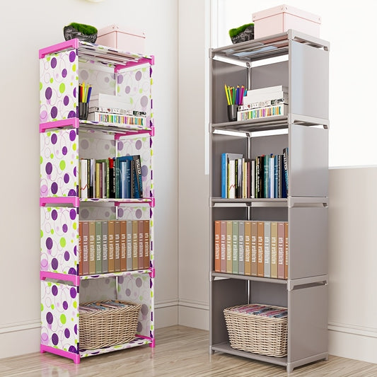 Compact metal bookshelf with multiple tiers, easy assembly, ideal for various living spaces, offered in five color options.