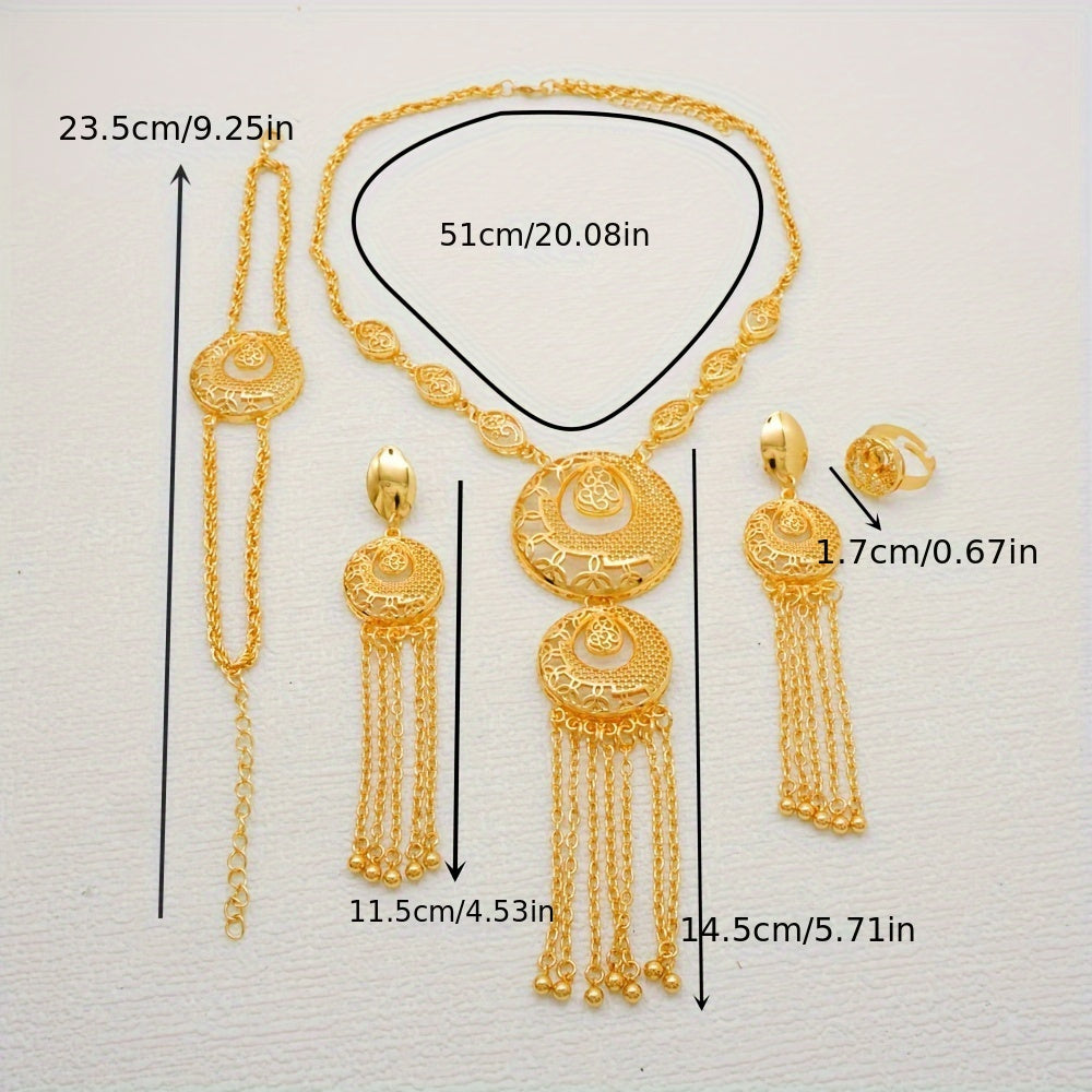 Elegant Urban Fashion Jewelry Set with 24K Gold Plating - Includes Zinc Alloy Tassel Necklace, Earrings, Bracelet, and Ring - Ideal for Weddings and Special Events - No Mosaic Design