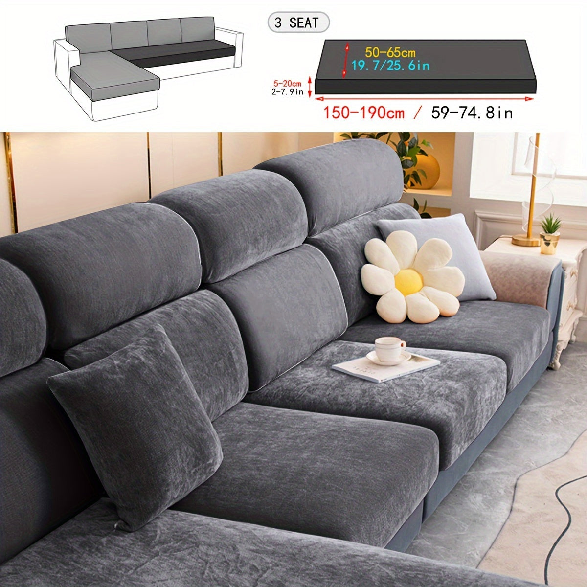 Stretchable plush velvet sofa cushion cover in contemporary gray with white accents; fits 1 to 4-seater sofas, machine washable, perfect for home decor.