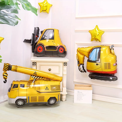 Set of 4 construction vehicle foil balloons for birthday parties and home or classroom decorations. No electricity required for easy universal holiday celebration.