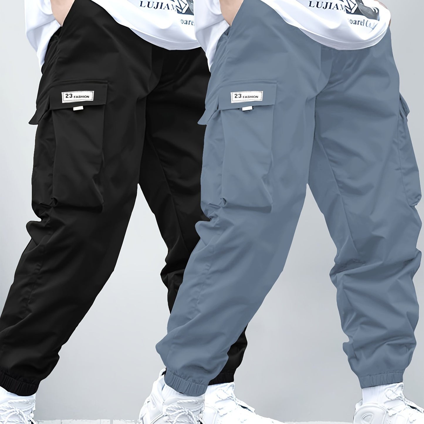 Boys' casual cargo pants with elastic waistband and multi-pocket design in durable polyester, suitable for all seasons and outdoor activities.