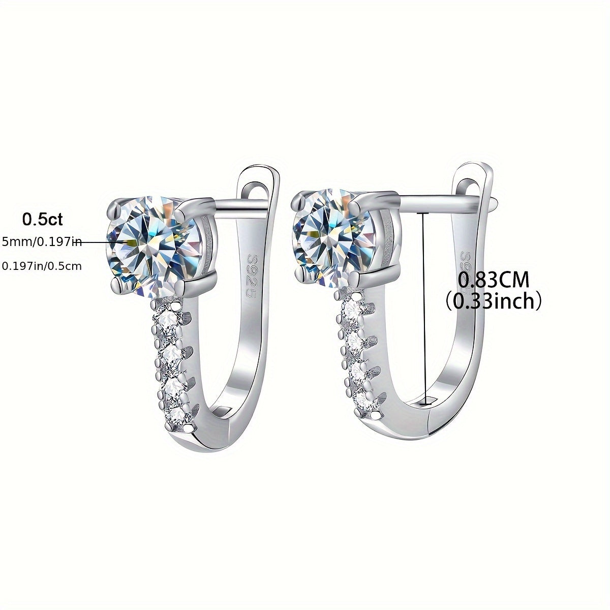 These elegant U-shaped earrings feature 1CT shiny moissanite stones set in 925 sterling silver. They make a perfect Valentine's Day gift and are ideal for weddings. With a luxurious and noble design, these earrings weigh approximately 2.4 grams and each