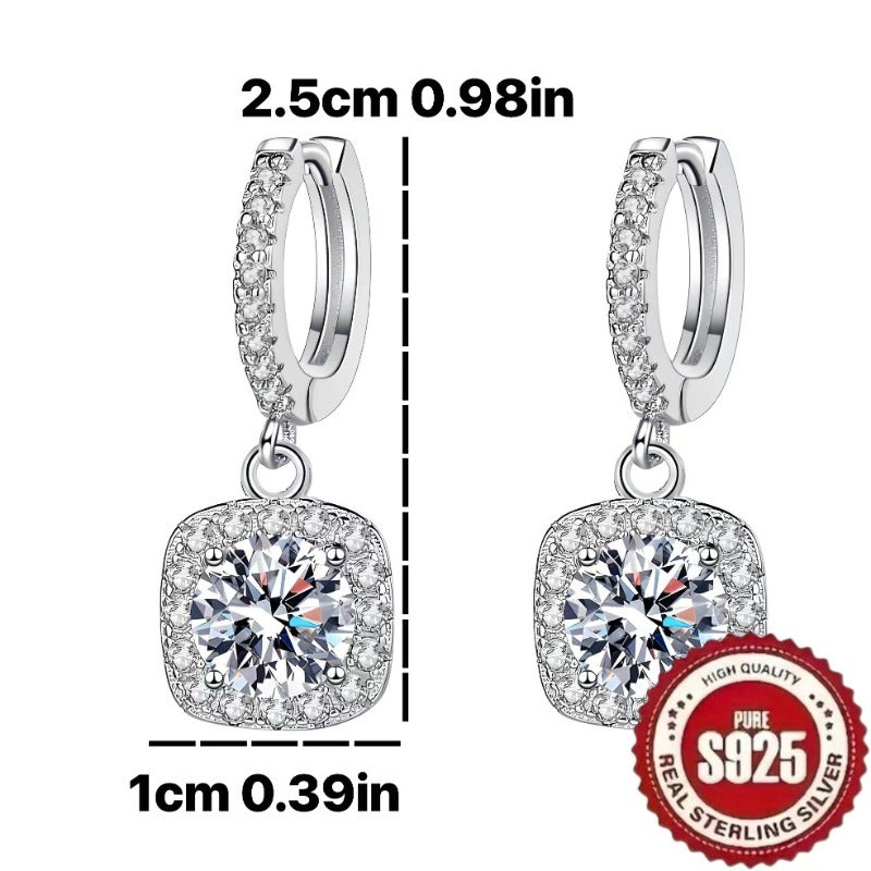 1 Pair of S925 Sterling Silver Square Pendant with Synthetic Zirconia, Retro and Elegant Design.