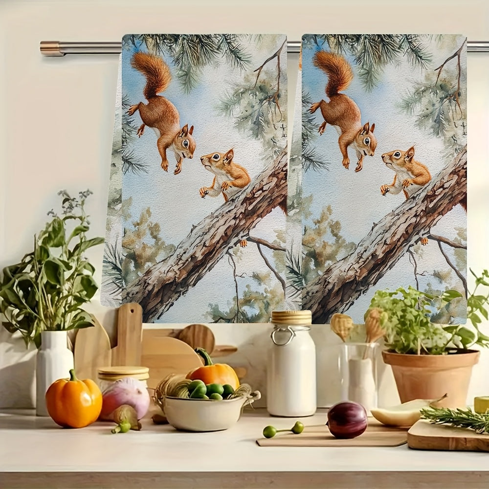 Set of 2 Ultra Soft Kitchen Towels featuring Playful Squirrels in Treetops Design. These towels are Highly Absorbent and Machine Washable, perfect for drying dishes. The Contemporary Coastal Style adds a touch of charm to your kitchen decor. Each towel