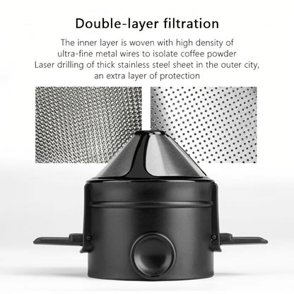 Black portable pour-over coffee dripper with a folding design and reusable stainless steel infuser, made from plastic materials, 1 piece