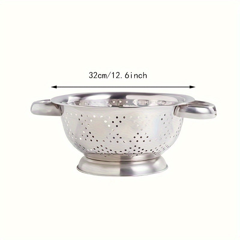 One piece of a durable metal colander with handles, perfect for washing and draining vegetables, fruits, and pasta. This food-safe kitchen strainer is made of stainless steel and comes with a sturdy base.