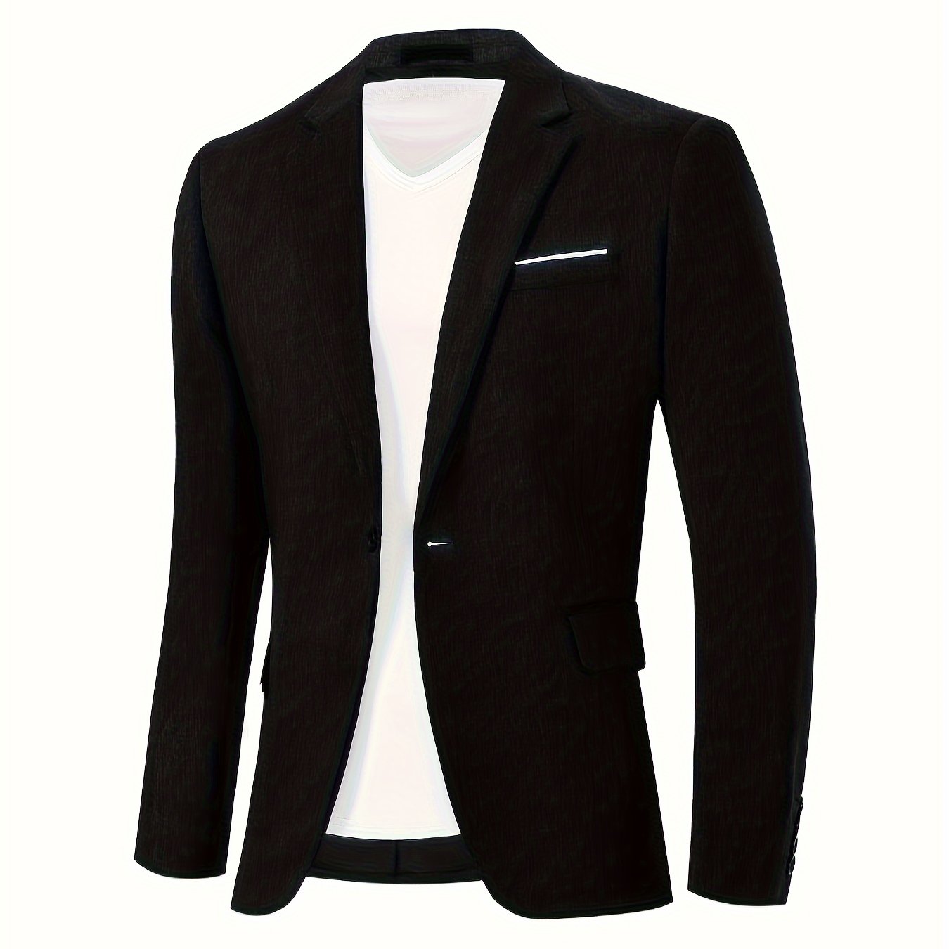 Men's casual business blazer with lapel collar, suit sleeve, and pocket details in solid color polyester. Regular fit with single button closure, suitable for all seasons and weekend casual