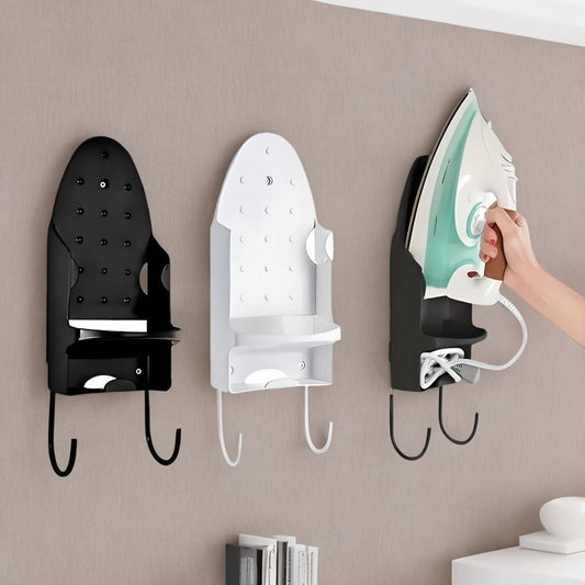 A single piece plastic storage rack for steam electric irons, designed to be wall-mounted with two hooks for hanging. This iron storage rack is perfect for organizing household items and can be used in various spaces such as doors, corners, bedrooms