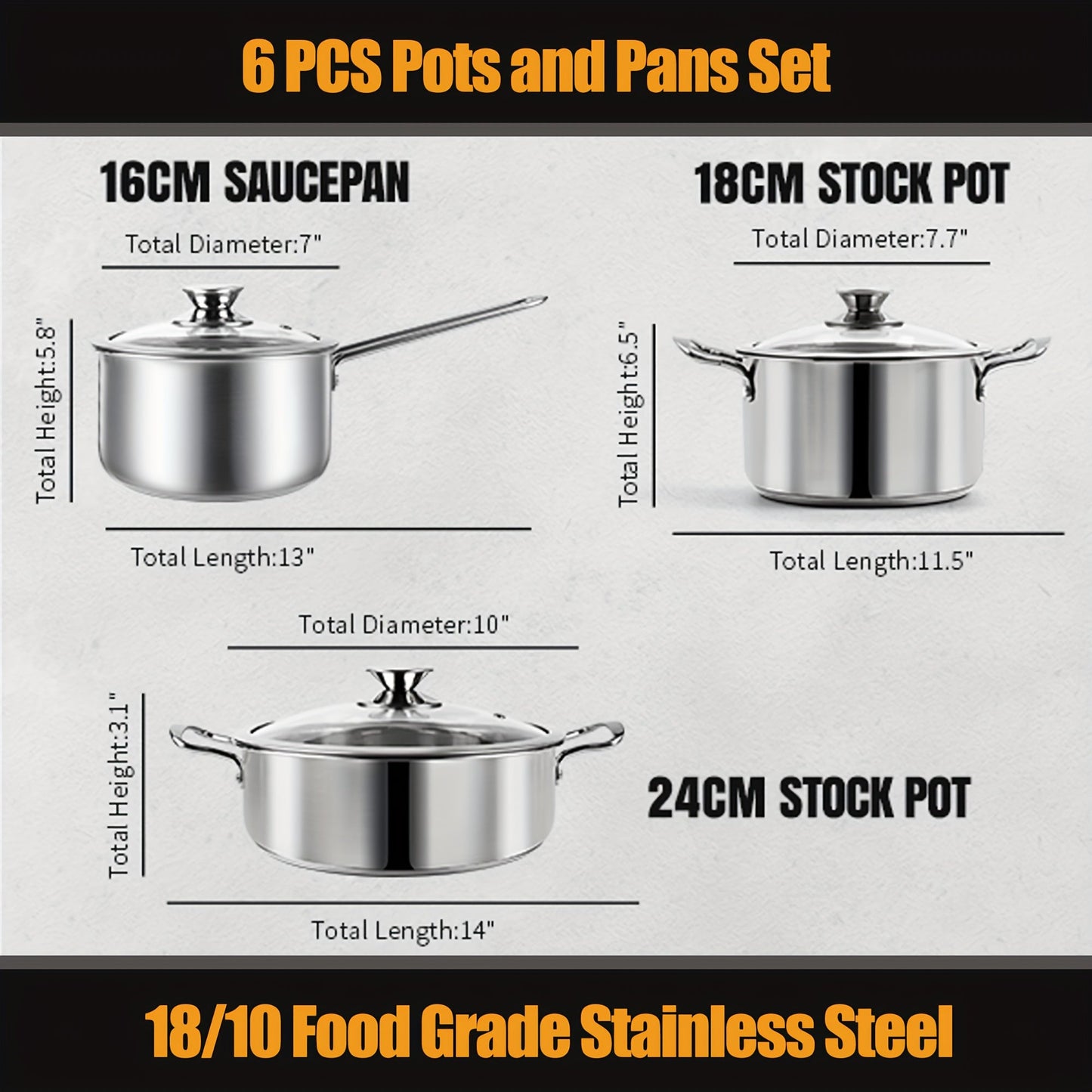 Six-piece stainless steel cookware set including nonstick induction-compatible pots and pans. Dishwasher safe with saucepans and stockpots. Suitable for use on gas, electric, and induction cooktops.