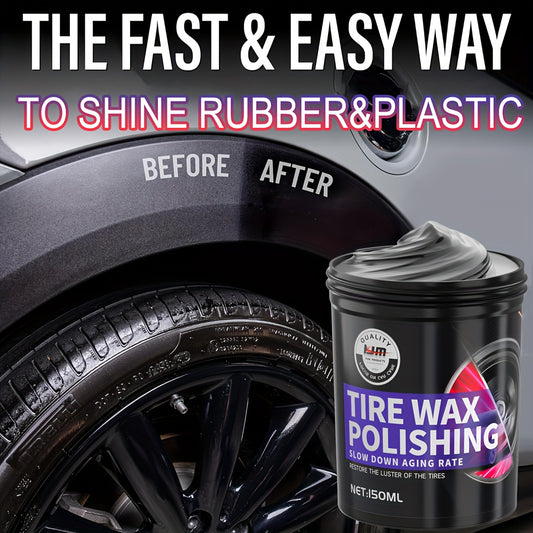 150ml Black Tire Wax Polish for long-lasting shine and protection for rubber, plastic, and car wheels. Contains applicator sponge.