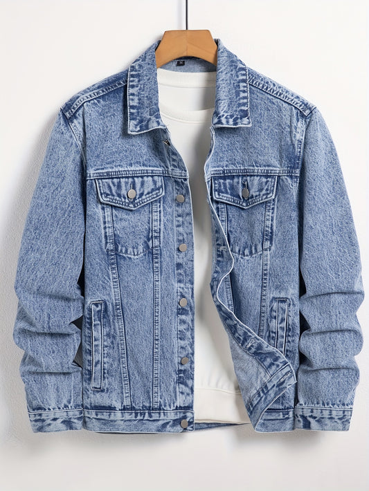 Classic men's denim jacket with turn-down collar, regular fit for spring and autumn.