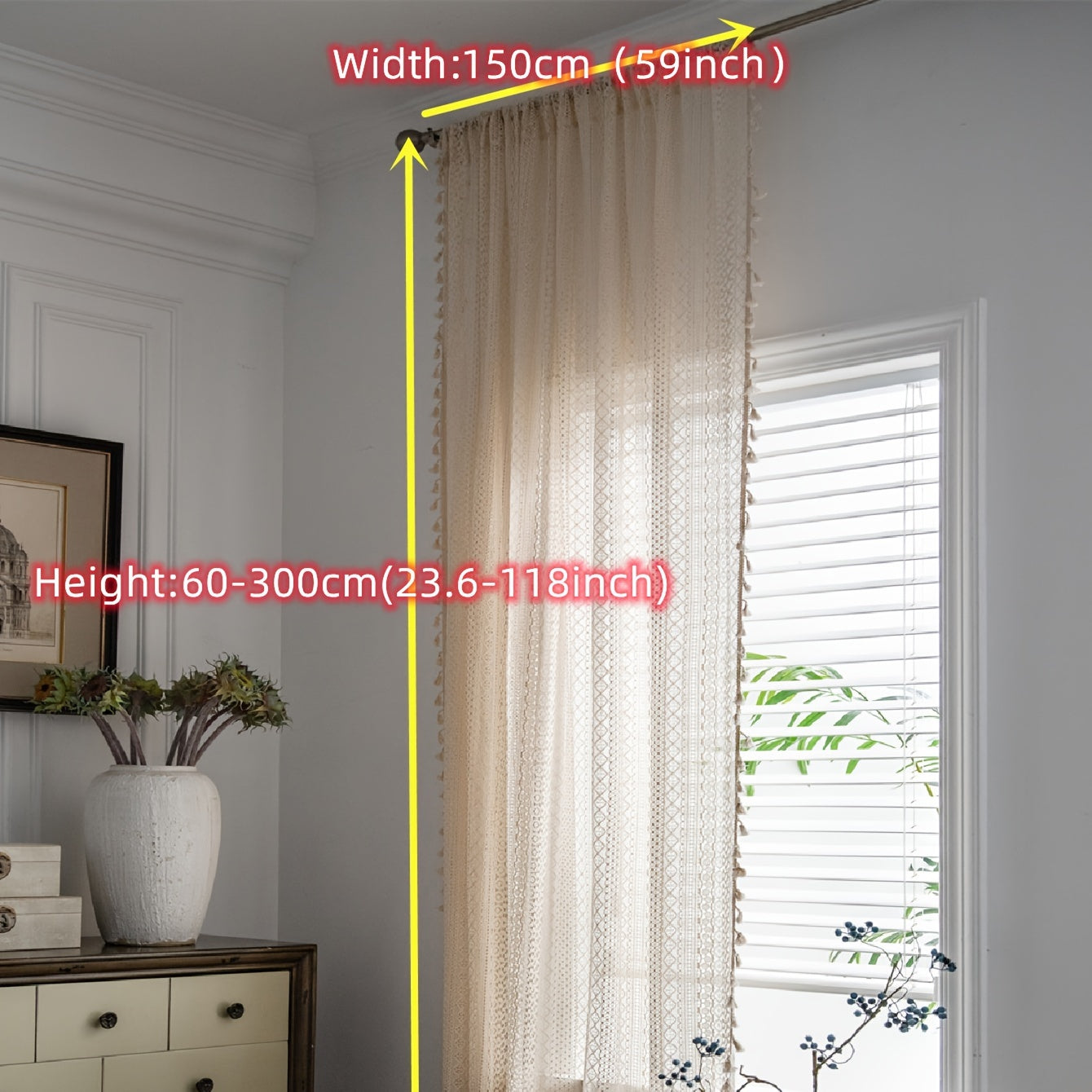 Stylish Boho Beige Curtains with Fringe and Gold Detail - UV Protection, Rod Pocket Design for Living Room and Kitchen Décor