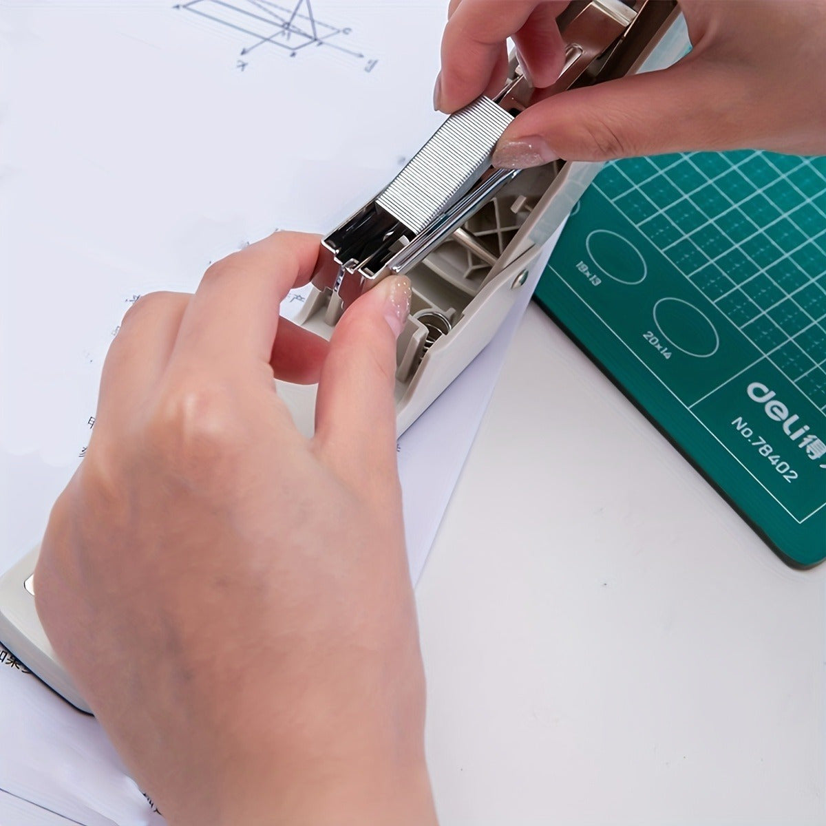 A white desktop stapler that can rotate 360 degrees and staple up to 25 sheets at once.