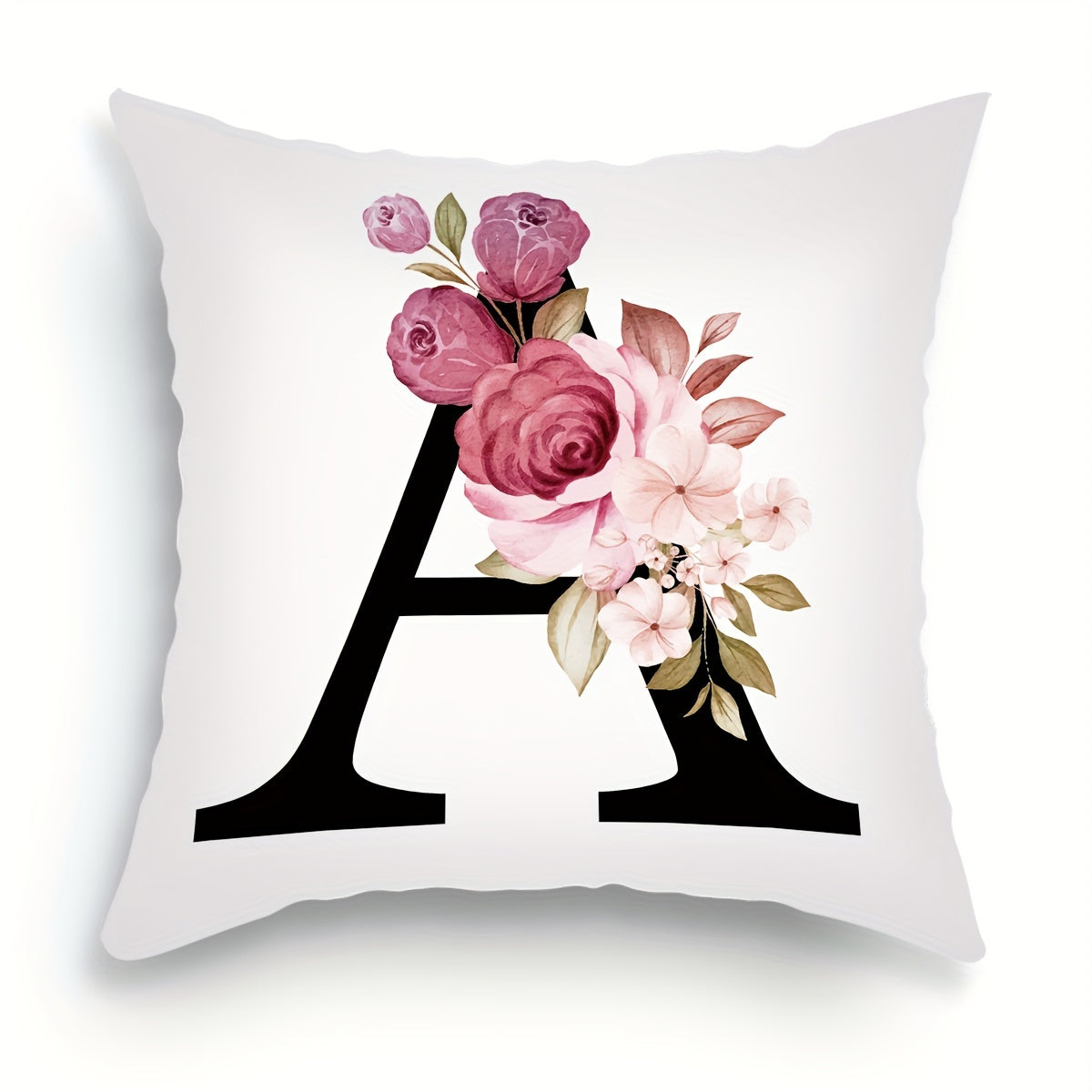 English letter flower print pillowcase for sofa cushions, 45.72cm x 45.72cm.