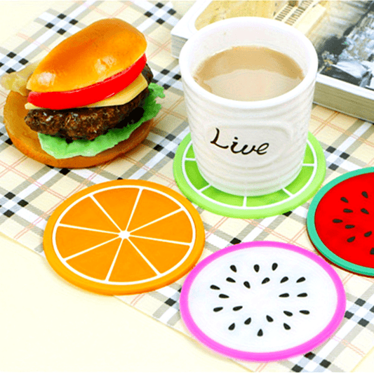 Fruity Cartoon Coaster Set - Heat-Resistant Silicone, Anti-Slip Design, Perfect for Tea Cups and Bowls, Ideal for Home and Office - No Need for Electricity, Made from Durable Plastic, Non-Wood Material.