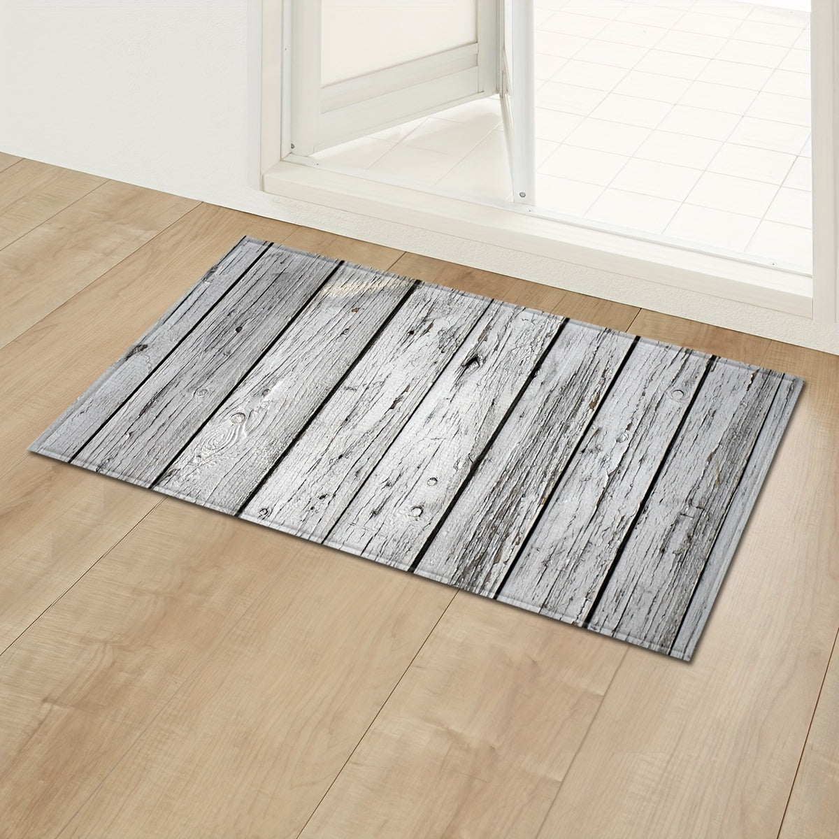 Gray and white wood grain entrance mat, 1 piece, designed to absorb water in the kitchen. This long strip floor mat can also be used in the home bathroom as a non-slip foot mat or in the bedroom as a sofa carpet.