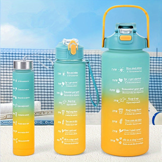 1 or 3 water bottles with time scale, straw, gradient color, leak-proof design, ideal for various activities and as a gift. Comes in sizes of 2000ml, 800ml, and 300ml.